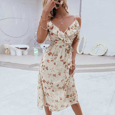 Simple Off Shoulder Floral Print Summer Dress Women Casual Spring Strapless Holiday A-line Slip Dresses V-neck Dress